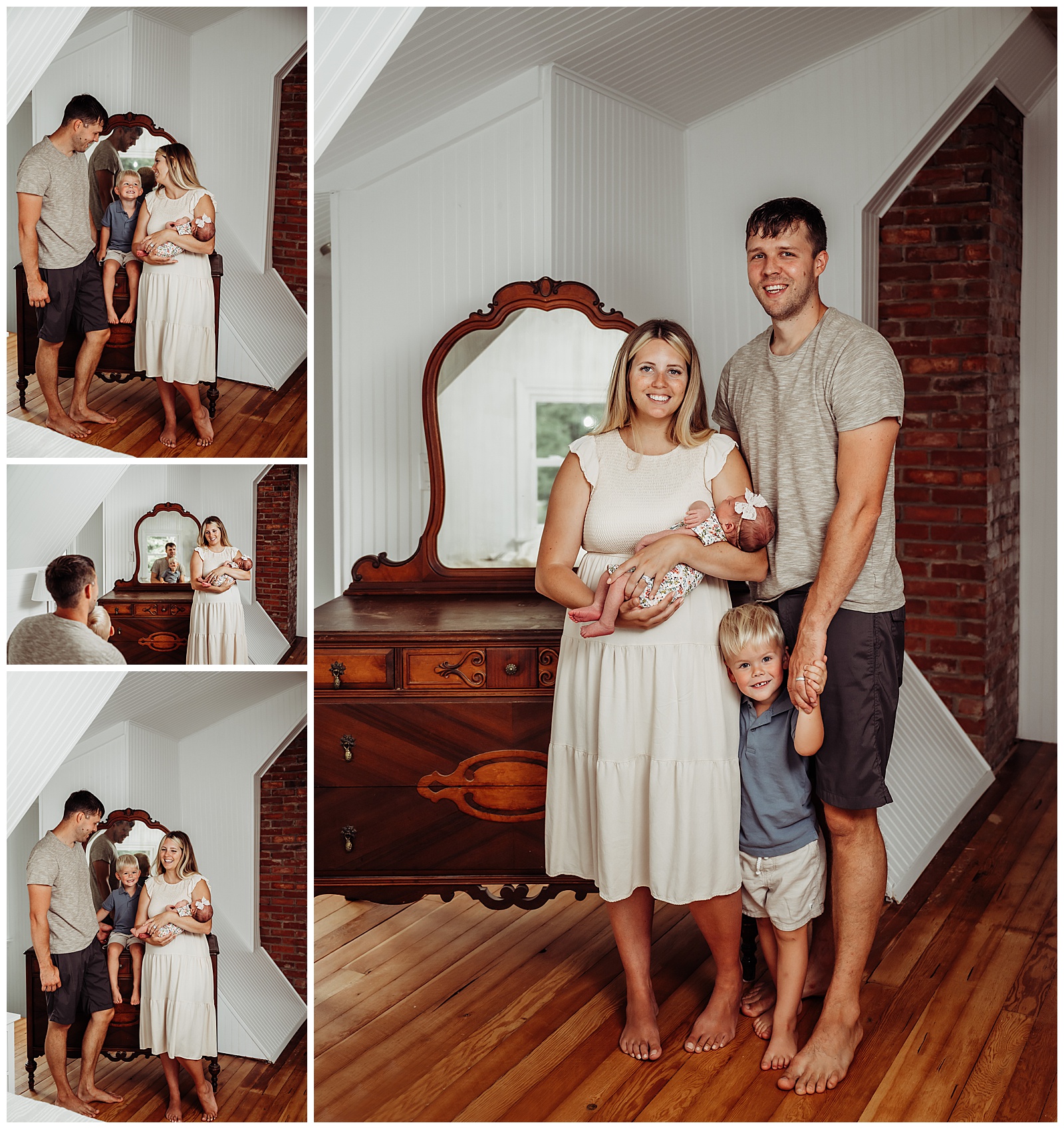 Family posed with heirloom at in home newborn session 