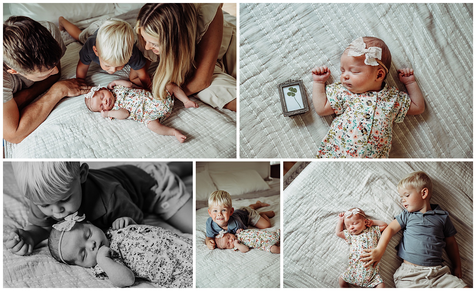 newborn snuggles on the bed at in home session
