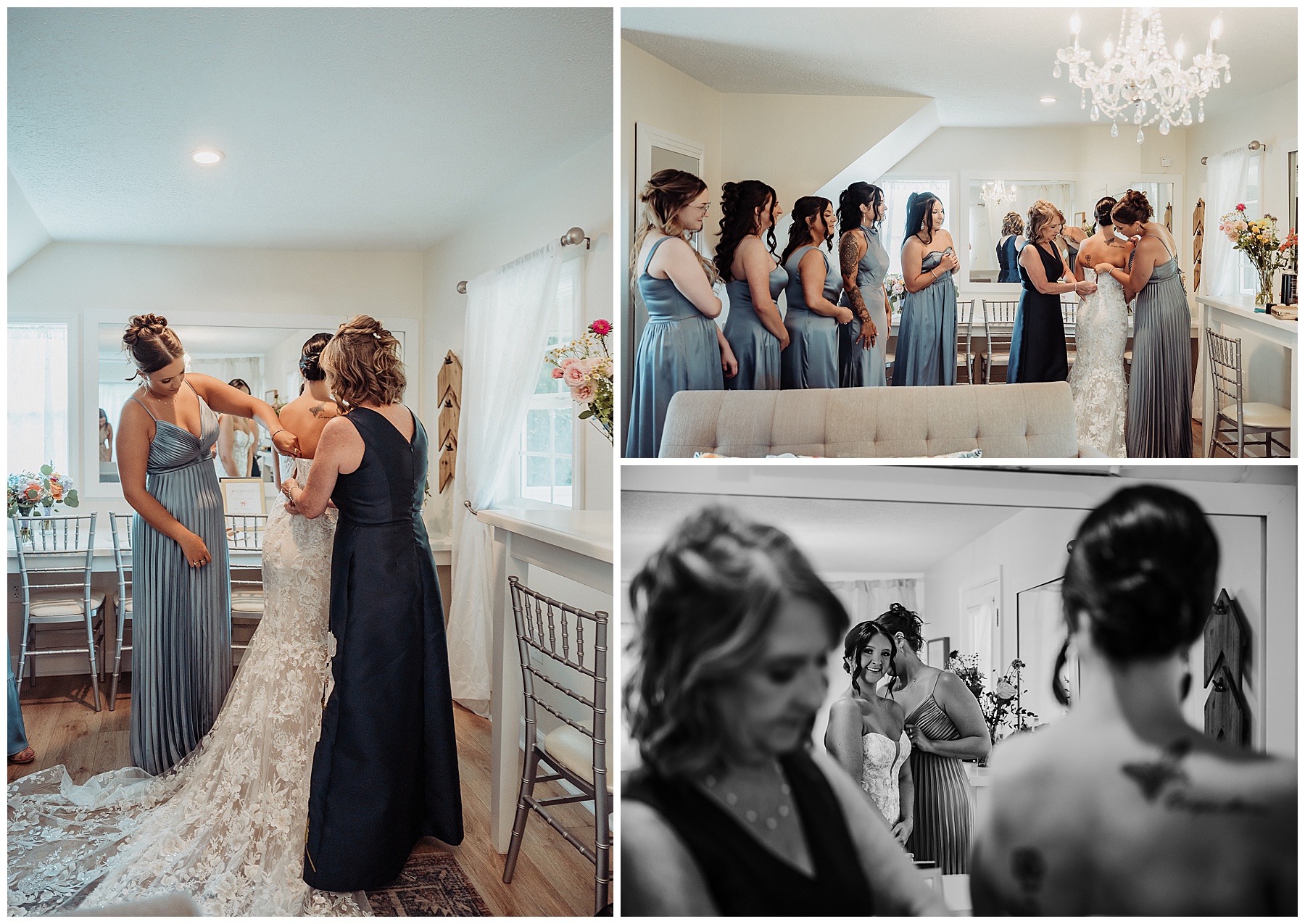Bride getting dressed at Irons Mill
