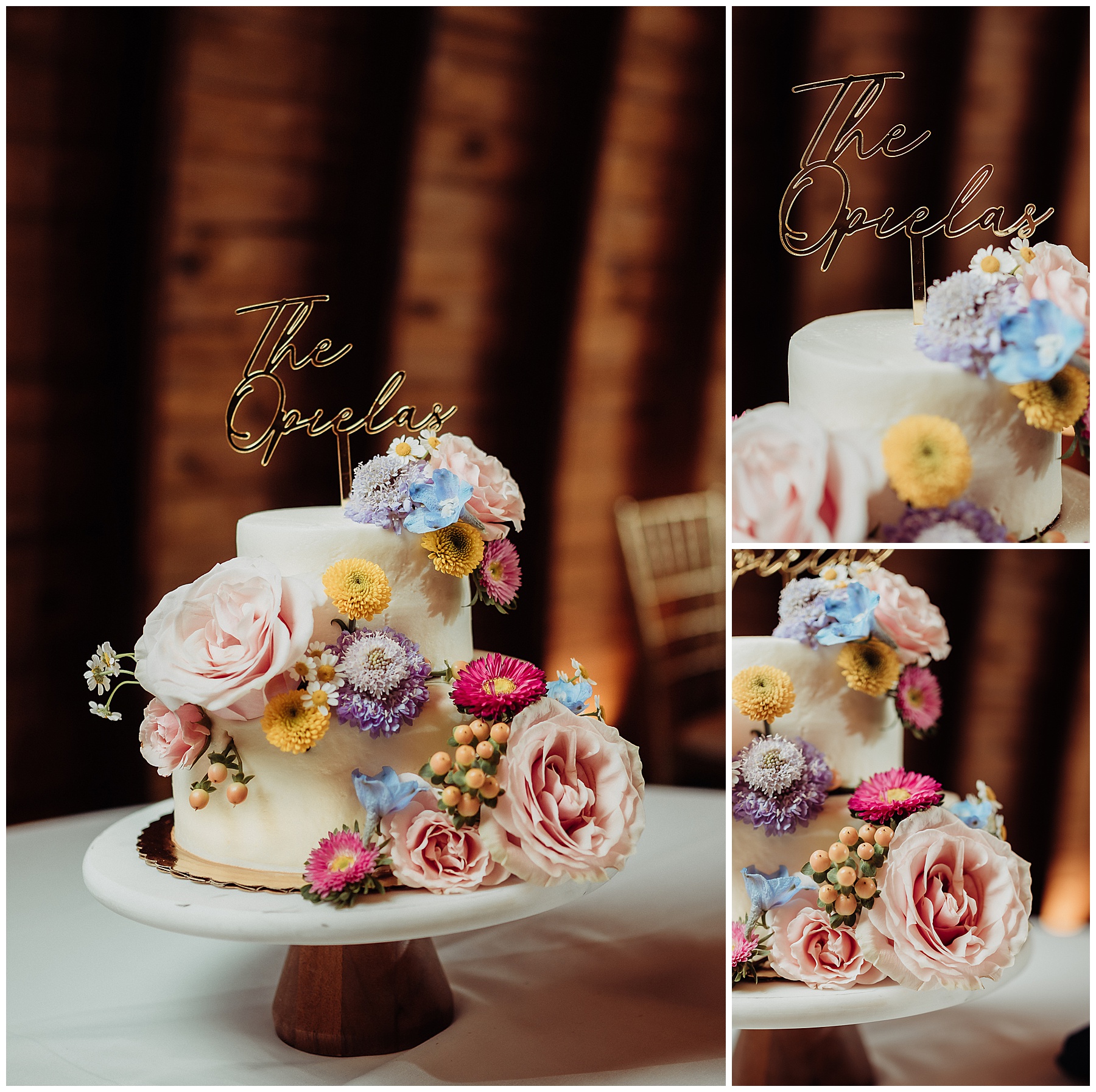 Florals by Holly Hanna florals for the wedding cake at Irons Mill Farmstead