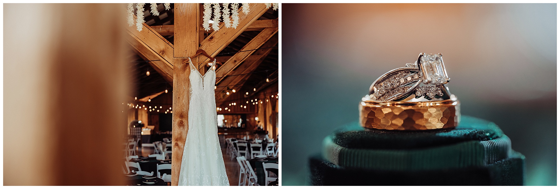 Wedding dress and wedding rings at CHQ Barn