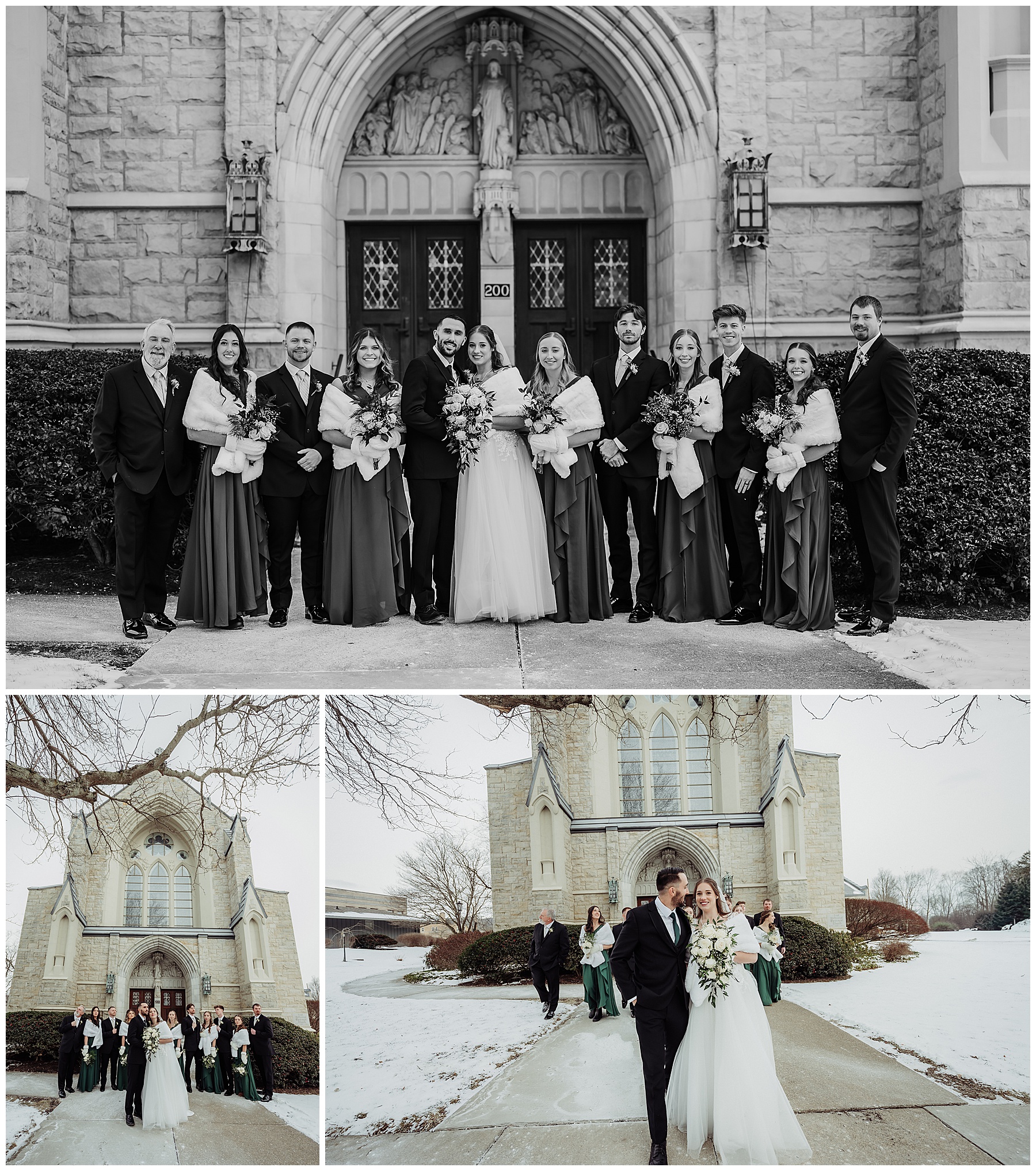 Snowy winter wedding bridal party portraits