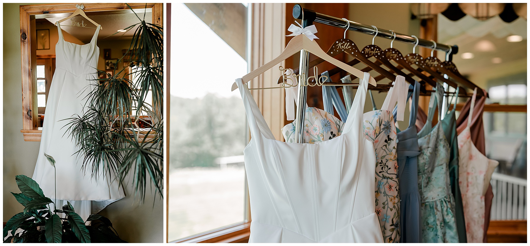 Bride's gown and the bridesmaid's dresses.